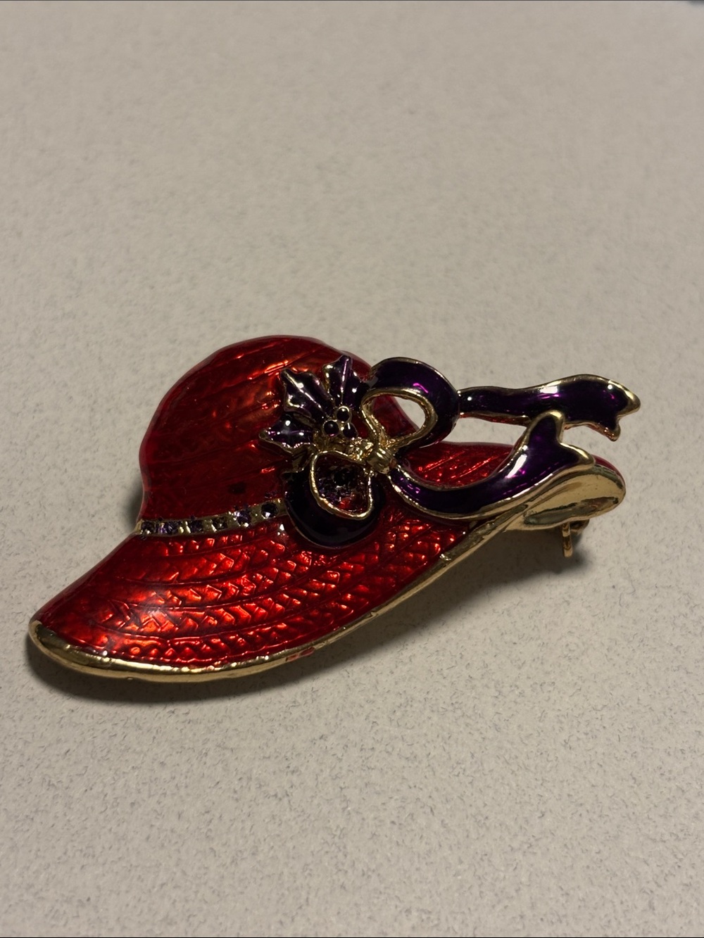 Vintage red and purple enamel hat brooch